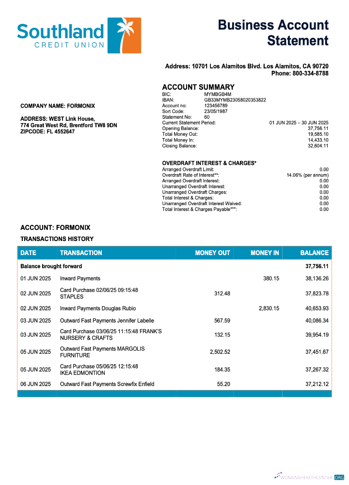 USA California Southland Credit Union business checking account statement Word and PDF template